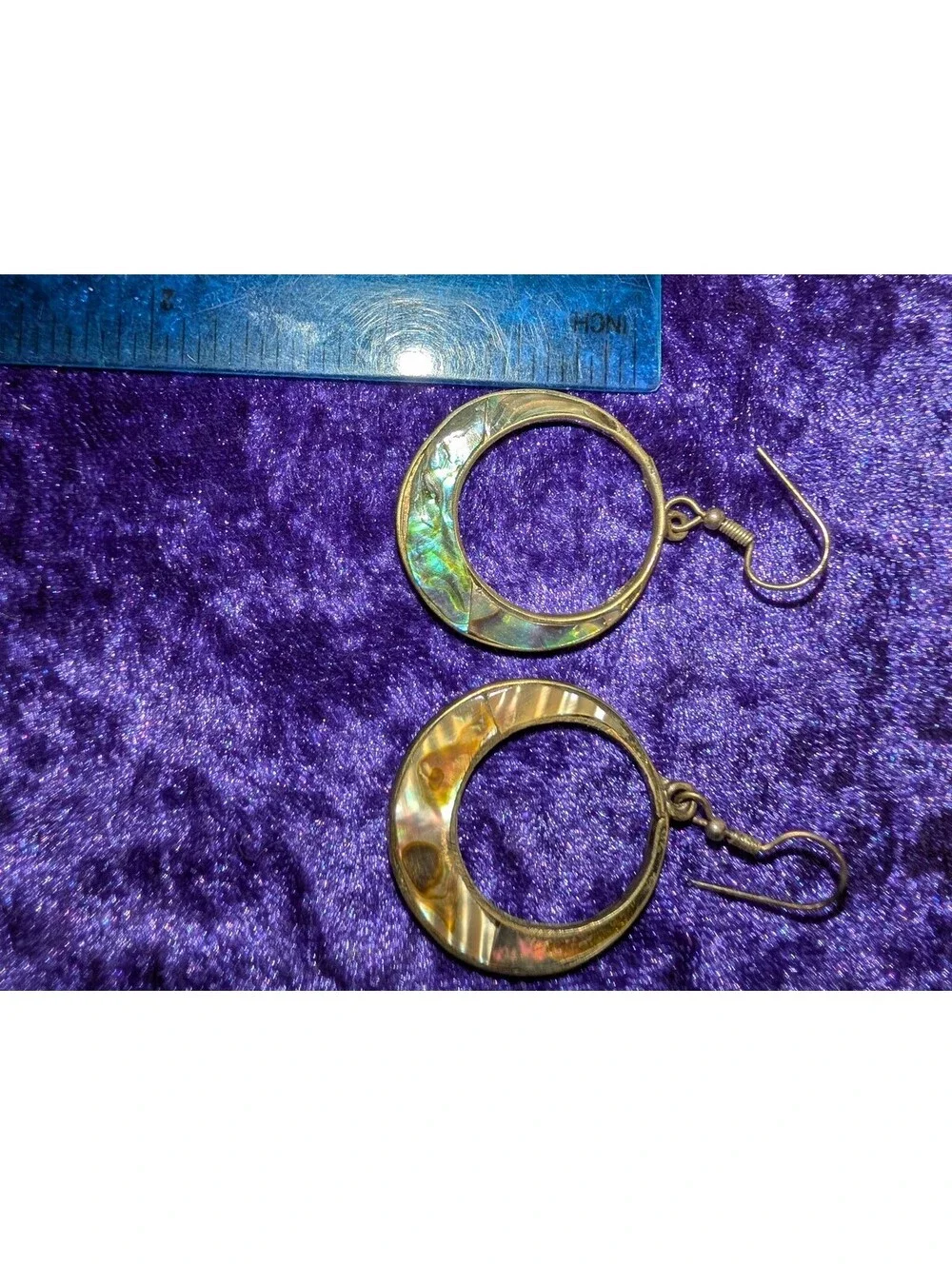 Vintage Alpaca Mexico Abalone Shell Hoop Earrings with Silver Tone Metal